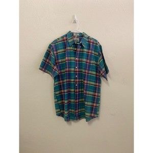vintage van hausen 417 green blue purple plaid mens button up shirt size XL